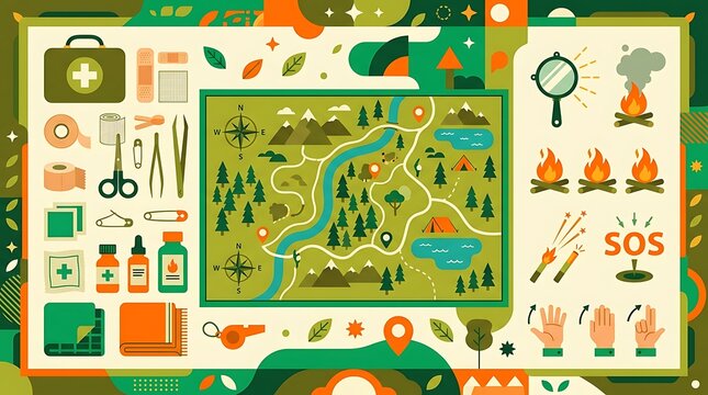 Wilderness survival kit with navigation map and safety equipment
