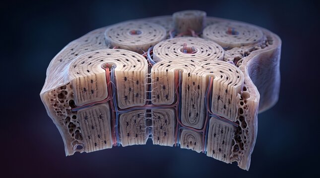 A microscopic view of a cross-sectioned muscle fiber showing its intricate structure and composition.