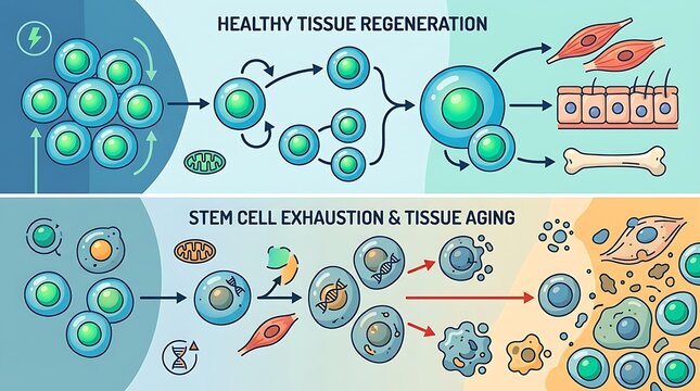 Healthy tissue regeneration versus stem cell exhaustion diagram
