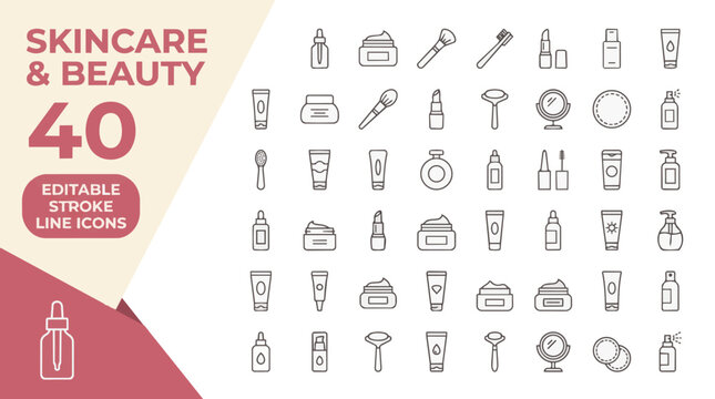 Vector illustration of 40 skincare and beauty icons in editable stroke