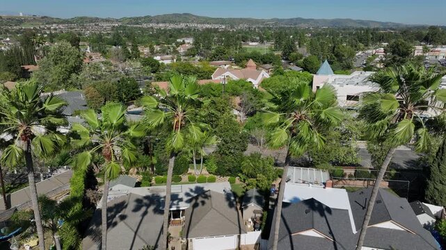 Palm trees frame an aerial view of a neighborhood in Yorba Linda, California, USA.