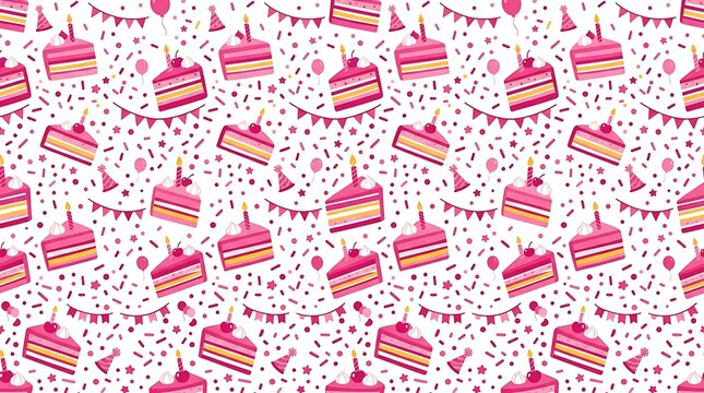 Festive seamless pattern with pink cake slices and party decorations