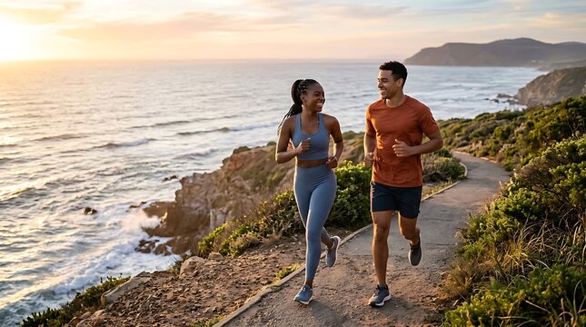 Happy young couple jogging along a scenic coastal trail at sunset