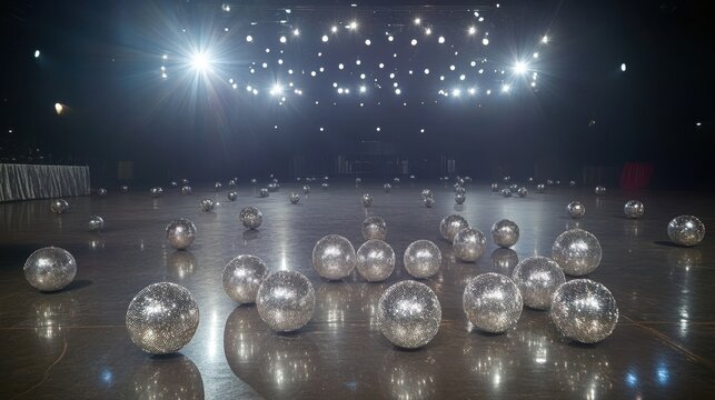 Silver Sequined Juggling Balls Scattered on Dark Stage