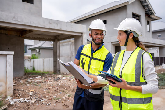 Civil construction site managers holding clipboard at residential construction site, discuss progress of work while inspection unfinished residential building, scene of house inspection development.