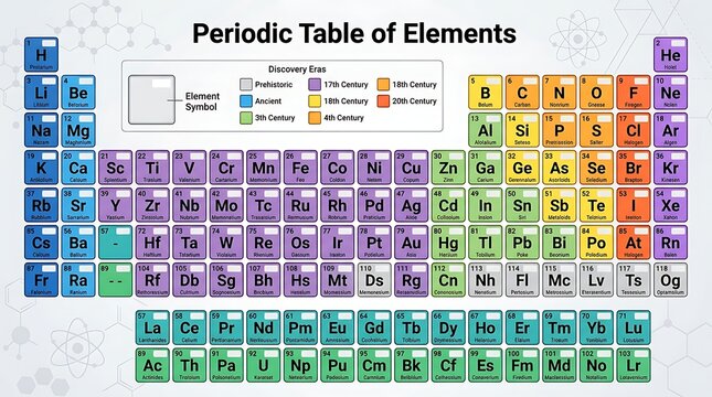 Periodic table of elements categorized by discovery eras