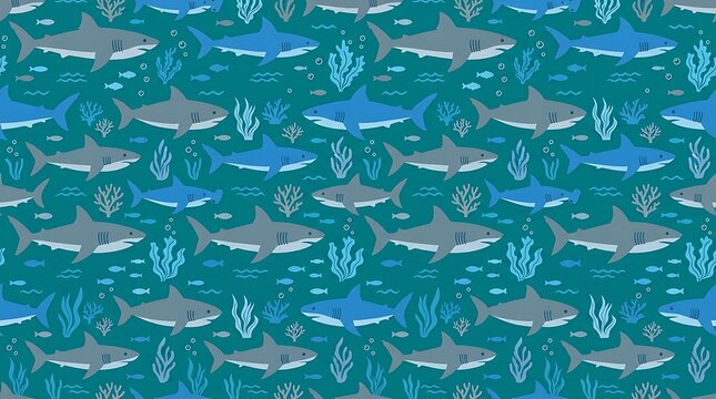 Seamless pattern with sharks and coral in teal ocean water