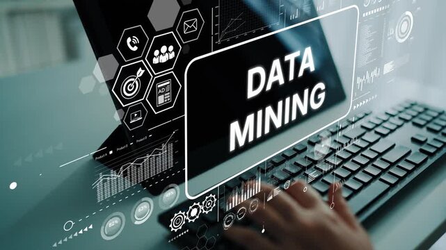 Data Mining Technology Concept with Hands Typing on Computer Keyboard and Graphical Interface Elements. Asymptotic smart data analytic.