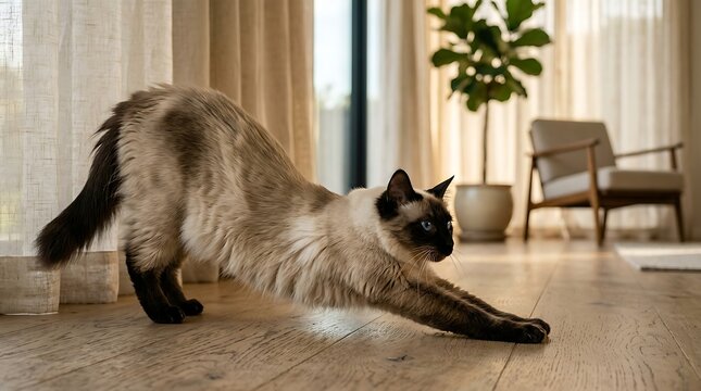 Fluffy cat stretching on a wooden floor in a sunny living room