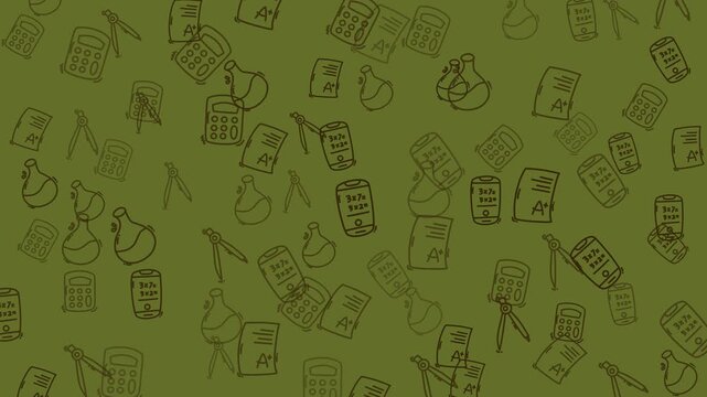 Olive Green Education Seamless Pattern with Hand Drawn School Supplies