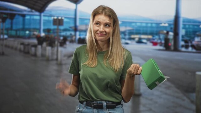 Blonde woman holds a green gift box, shrugging with palm up at airport curbside showing canopy and bollards; uncertainty travel dilemma.