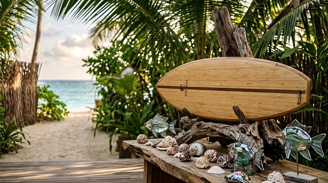 Wooden surfboard displayed on a tropical beach path