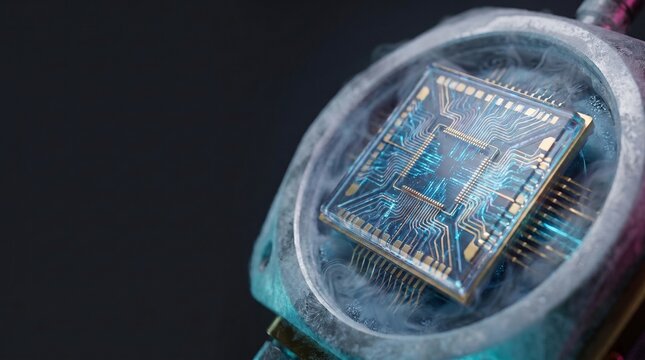 Advanced computer processor chip cooling down with cryogenic liquid nitrogen mist in a dark studio setting
