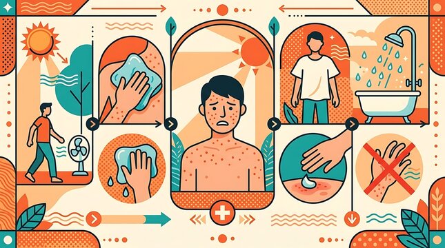Infographic showing steps to treat and prevent heat rash in summer