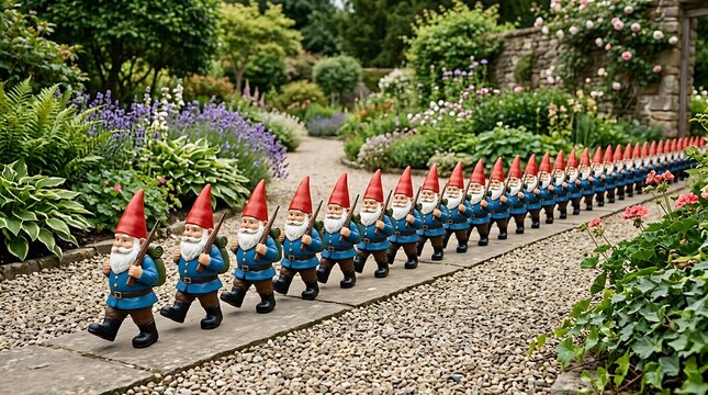 Marching line of garden gnomes on a stone path in a blooming garden