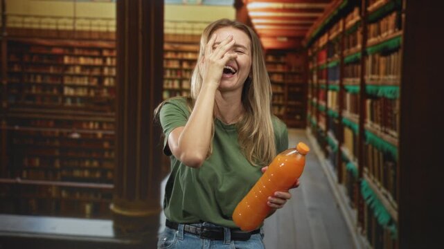 Woman holding orange juice bottle with hand covering face in a library building; playful amusement surprise.