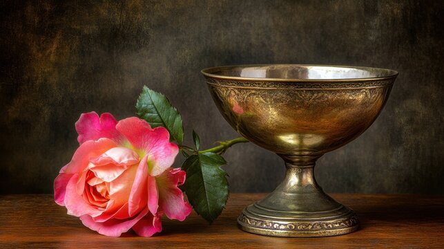 Silver Chalice Reflecting Muted Light Near Single Rose
