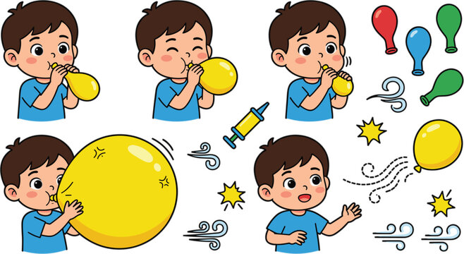 Cute little boy blowing yellow balloon set cartoon kid character inflating birthday party elements wind pump pop vector illustration.