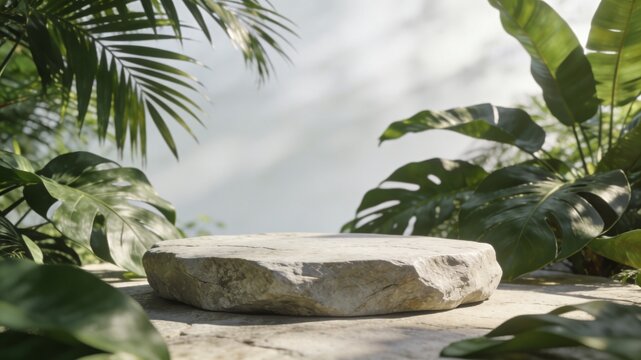 A flat grey stone podium surrounded by lush green tropical leaves like Monstera and palm fronds under bright natural light.