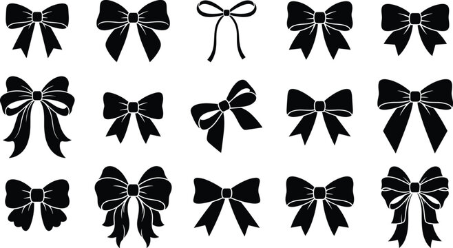 Black ribbon bow silhouette icon set for gift wrapping hair decoration fashion and celebration isolated on white background