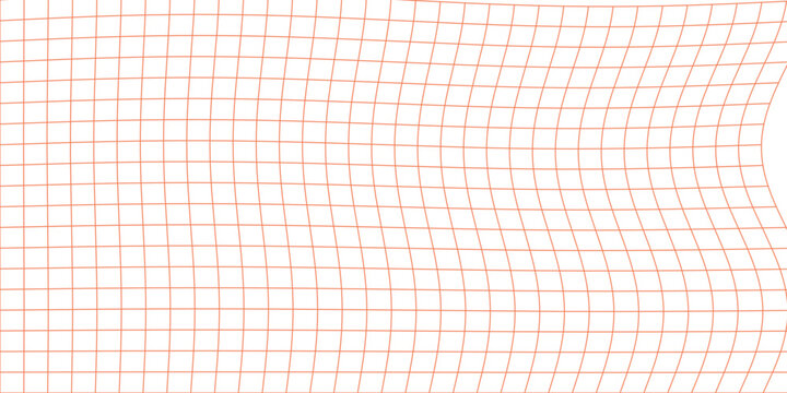 A grid of orange lines curves and distorts across a white background, creating a warped, wavy effect that suggests movement or optical illusion.