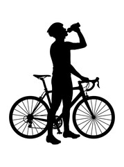 Fototapeta premium Silhouette of a cyclist standing with a bike and drinking water