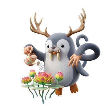 Whimsical fantasy creature watering colorful lotus flowers