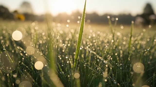 Morning dew drops glisten on green grass blades in a sunlit meadow