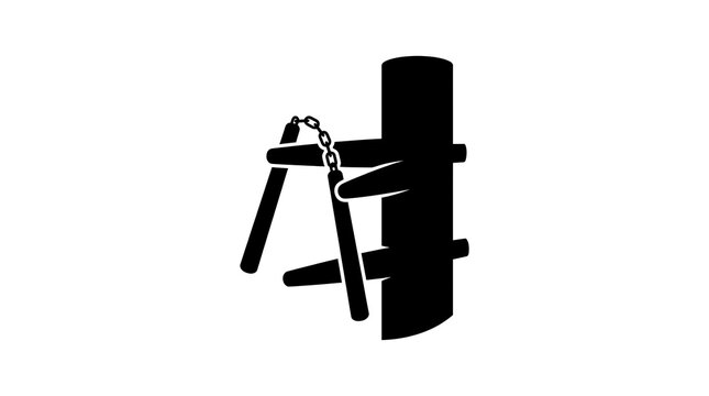 Martial arts wooden dummy with nunchucks silhouette