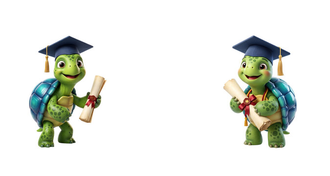 Two happy cartoon turtles with graduation caps and diplomas, isolated on transparent background