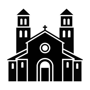 Symmetrical black silhouette of a romanesque basilica with twin bell towers and central apse isolated on white background. Historical architecture concept
