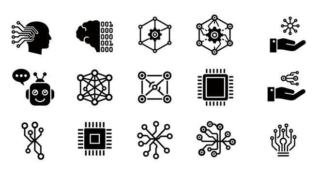Collection of black geometric icons featuring gears circuits robotics and tech symbols for UI design and illustration.
