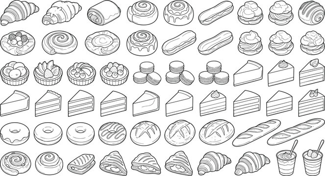 Bakery Desserts and Pastry Line Icon Set Featuring Bread Cakes Donuts Cookies and Sweet Treats Collection