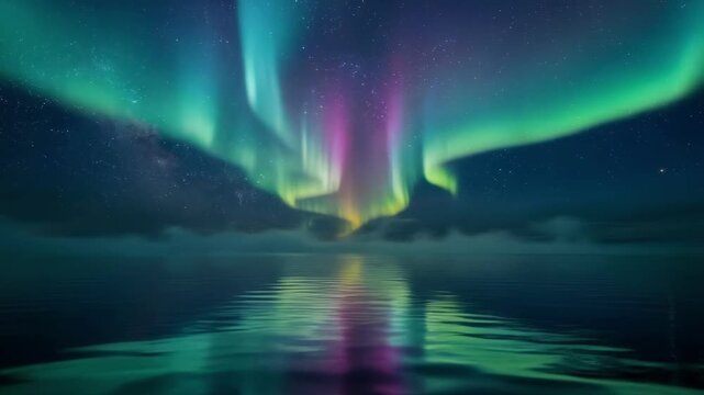 Firefly lights dance over calm water with vibrant auroras creating a magical nature night scene