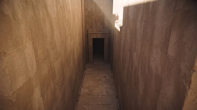 Narrow stone corridor leading to a dark tomb entrance