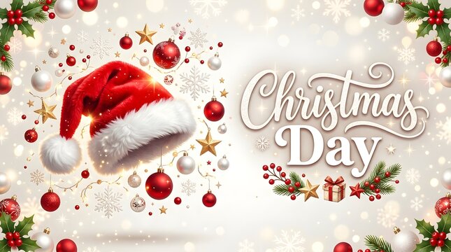 Festive christmas day celebration santa hat ornaments and holiday gift box design