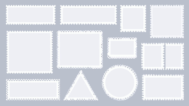 Collection Of Blank Postage Stamp Shapes On Light Gray Background