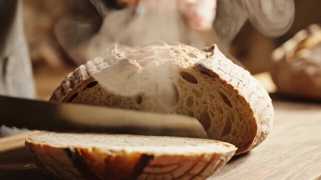 Close-up of hands slicing into a rustic loaf of freshly baked artisan sourdough bread with steam rising, golden brown crust, and airy crumb, food preparation concept