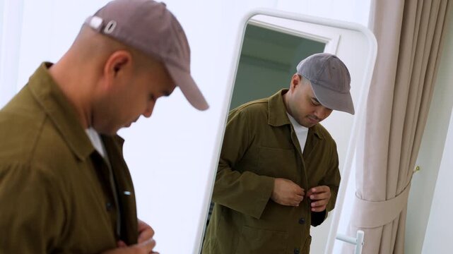 Smiling Asian man buttoning his casual brown jacket in front of a mirror. Concept of morning routine preparation, trendy street fashion and everyday confidence.