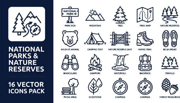 National Parks and Nature Reserves Linear Vector Icon Set for Outdoor Activities, Hiking, Camping, and Wilderness Exploration.