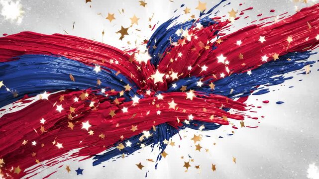 Abstract red and blue paint strokes with golden stars