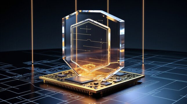 A glowing translucent crystal armor shield protecting a macro gold microchip motherboard, cyber security concept