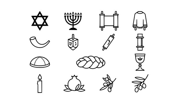 Jewish culture line icon set with Star of David, menorah, shofar, torah, tallit, dreidel, challah and kiddush cup symbols