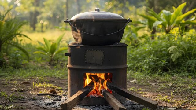 Traditional Outdoor Cooking Using a Wood Burning Stove with Large Cast Iron Pot in a Peaceful Tropical Rural Setting