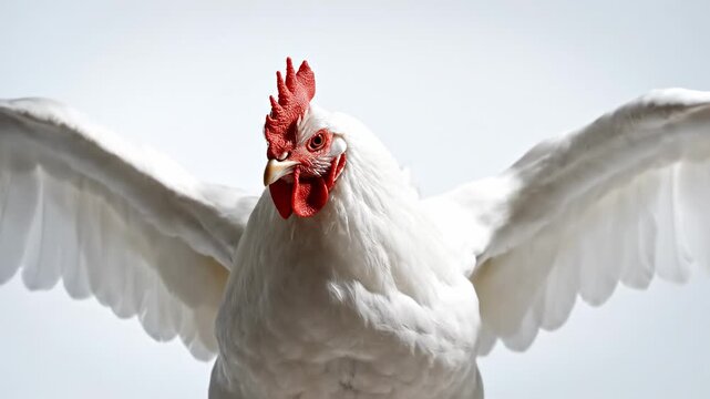 White chicken spreading wings and turning head