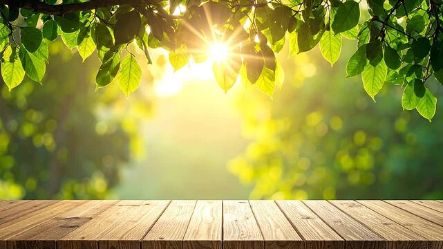 A rustic wooden table surface sits beneath vibrant green leaves with a warm sun flare background