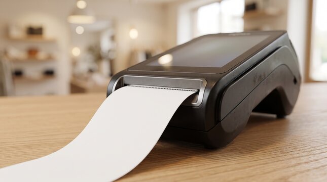 A modern point-of-sale payment terminal printing a long receipt on a wooden counter in a brightly lit retail store