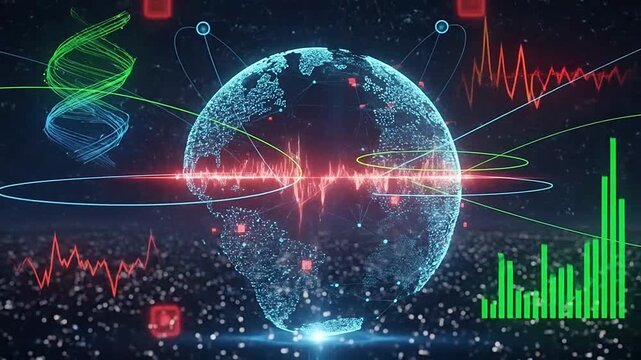 A digital globe visualization with data analytics and abstract scientific elements