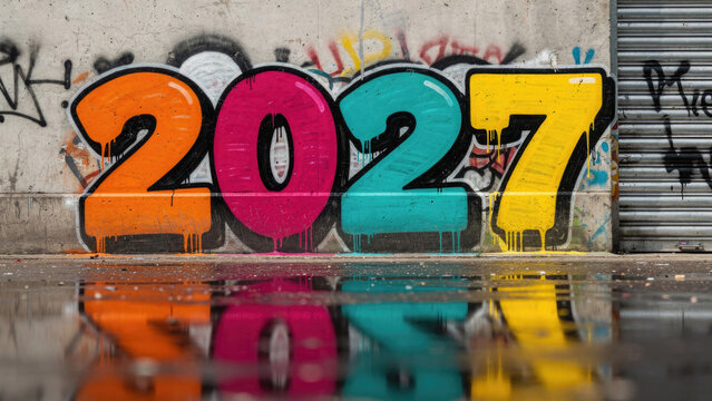 Colorful 2027 graffiti on a concrete wall with wet pavement reflection