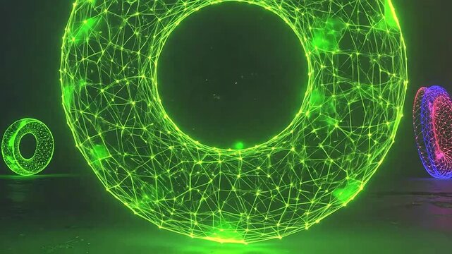 Glowing digital rings with a complex wireframe structure float above a dark reflective surface